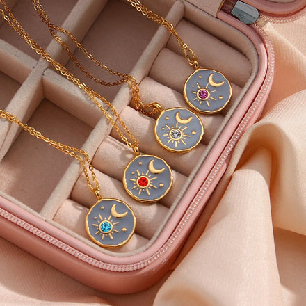 Vintage Stainless Steel Jewelry Fashion 18k Gold Oil Drip Necklace Cute Sun Moon Star Universe Pendant Necklace for Women Men
