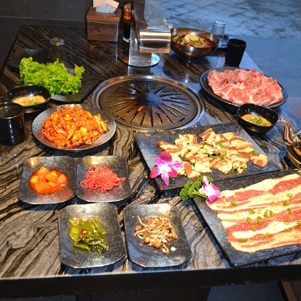 Commercial Barbecue Indoor Round Upper Exhaust Korean Restaurant Gas Tank Butane BBQ Grill
