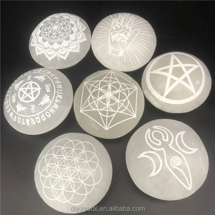 Wholesale Customization Premium Quality Selenite Engraved Healing Chakra Symbol Stone for Ornament and Sale