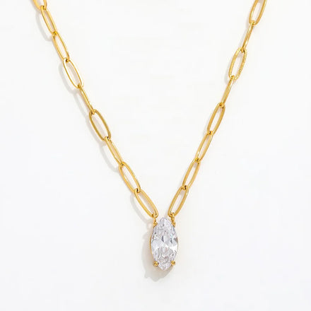 Fenny 18K Gold Plated Dainty Sweety Waterdrop Zirconia Pendant Paper Pin Chain Necklace Stainless Steel Jewelry Wholesale