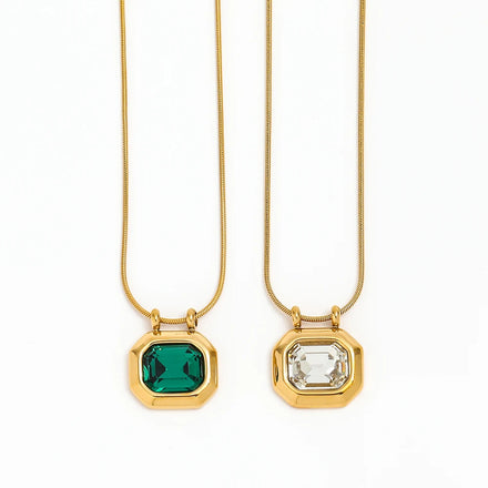 Fenny 18K Gold Plated No Fade Vintage Rectangle Clear Emerald Zircon Pendant Necklace Stainless Steel Jewelry Wholesale