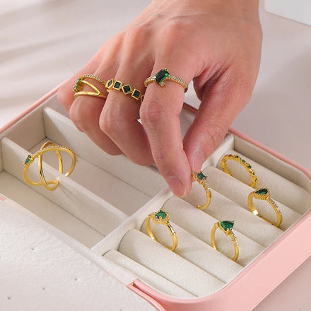 HOVANCI Ins Individuality 18k Gold Plated Cross Diamond Engagement Ring Inlaid Green Zircon Finger Ring for Girl Women
