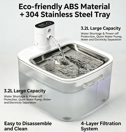 3.2L Smart Pet Fountain Wireless Battery Automatic Cat Water Fountain Stainless Steel Top Dog Water Dispenser for Multiple Pets