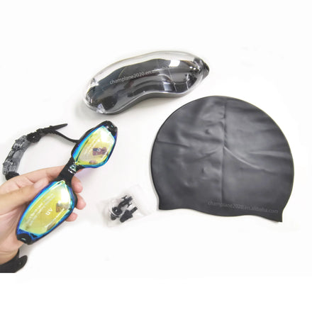 GD Best Seller Adult Unisex Training Swimming Goggles Set with Silicone Swim Cap Earplug Nose Clip and PC Lenses