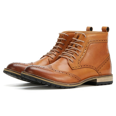 Men's New Fashion Brogue Genuine Leather Ankle Boots Casual Lace Design Waterproof Rubber Insole for Daily Life Office Outdoor
