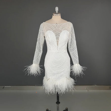8990# Exquisite Appliques Illusion Lace Backless Boat-neck Short Wedding Dress With Feather Long Sleeve Bridal Gown REAL PHOTO