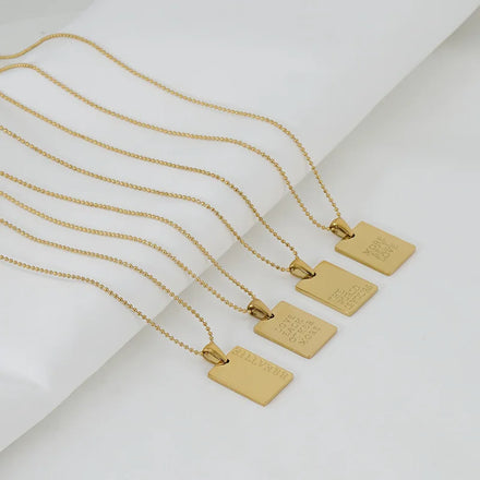 Vintage 18K Gold Plated English Letter Engraved Necklace Jewelry Stainless Steel Beads Chain Square Pendant Necklaces