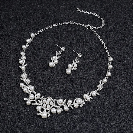 Wholesale Two Piece Korean Pearl Diamond Necklace Earring Bridal Wedding Accessories Fashion Jewelry Set