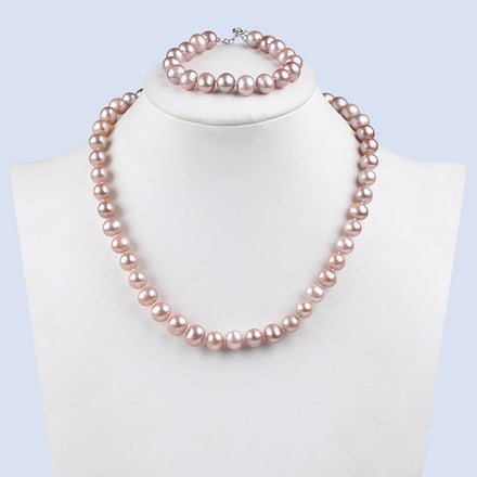 Fancy 925 Sterling Sliver 9-10mm Near Round Custom Freshwater Pearl Necklace Jewelry Set