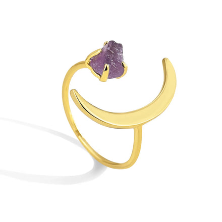 RisingMoon New Natural Amethyst Ring Open Adjustable Moon Crystal Rings Natural Stone