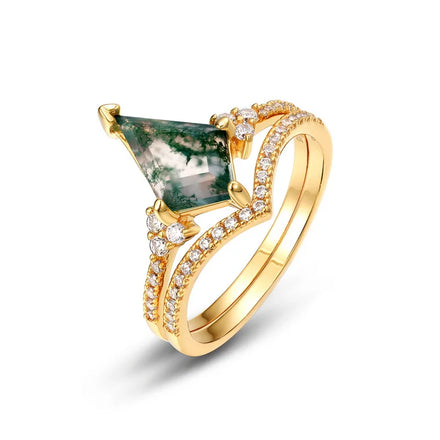 Luxury Jewelry Gold Filled Rhombus Shape Retro Green Natural Gemstone Ring Bling Cubic Zirconia and Moss Agate Ring Set