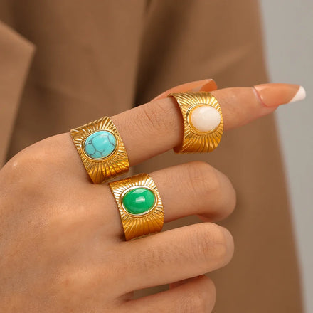 Stainless Steel Waterproof 18K Gold Rings High Polished Trending Rings Adjustable Natural Stone 316L Stainless Steel Rings