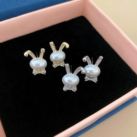 S925 Silver Needle Light Luxury Zircon Bow Pearl Rabbit Ear Stud for Women Pearl Zircon Love Stud Earring