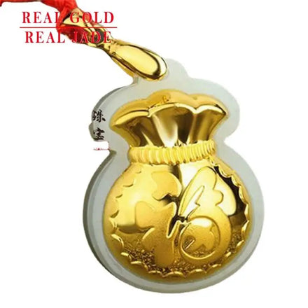 Natural Hetian Jade With 24K Gold Lucky Money Bag Pendant Handmade Necklace Accessory With Certificate