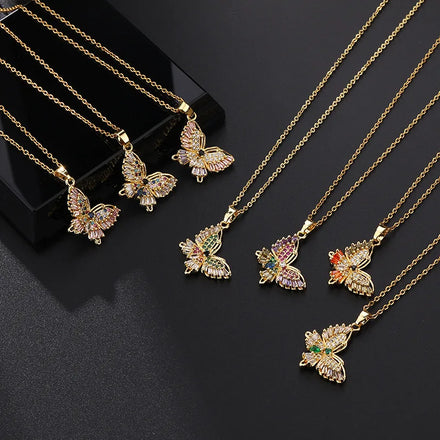 Hot Selling Gold Plated Zircon Butterfly Necklace Luxury Colorful Rhinestone Butterfly Choker Necklace for Women