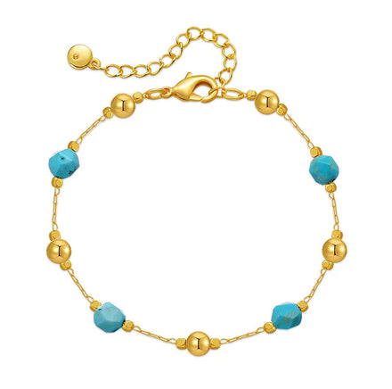 RisingMoon Bohemian Turquoise Stone Bracelet Real 18K Gold Plated Bracelets Gold Beads Charm Bracelet for Women Girls