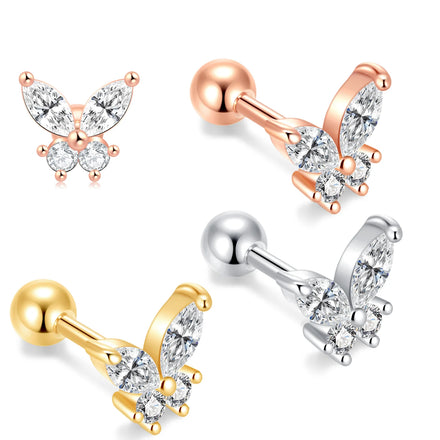 316L Stainless Steel Butterfly Ear Studs for Women Gold Plated White CZ External Thread Cartilage Earring Body Piercing Jewelry