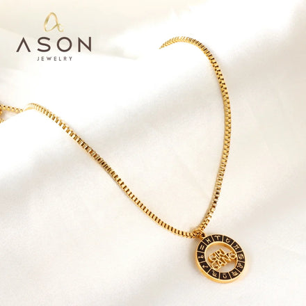 Ason New Arrival Stainless Steel Box Chain Necklace Waterproof Black Round Hollow Letters Pendant Necklace