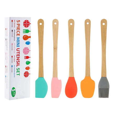 Wholesale Mini 5-Piece Silicone Spatula Set Non-Stick Eco-Friendly Durable Baking Tools with Wooden Handle for Home Kitchen