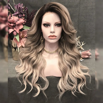 Celebrity Long Style Natural Dark Roots Wavy Synthetic Hair Wigs Matte Heat Resistant Fiber Same Synthetic Hair Lace Front Wig
