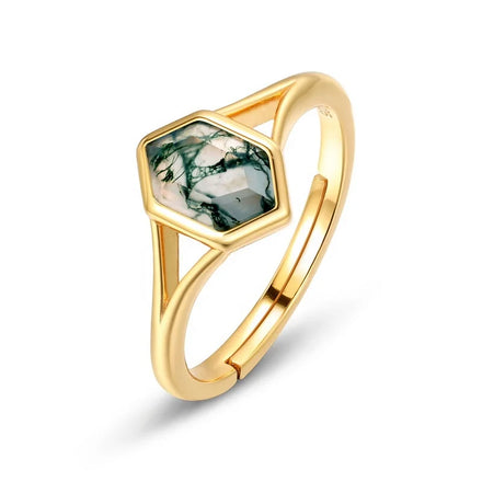 Minimalist Jewelry Natural Stone 925 Sterling Silver Open Ring Adjustable Simple Hexagon Aquatic Moss Agate Promise Ring