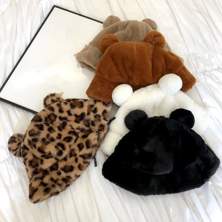 Yukaihe Fashion Fake Fur Blank Custom Womens Plush Round Bucket Hat With Ears