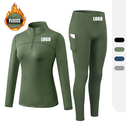 Women Activewear Breathable Quick Dry Plush Long Sleeved Zipper Top Side Pocket Workout Leggings 2 Pieces Gym Wear Set
