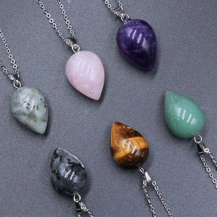 Simple Stainless Steel Chains Colorful Natural Crystal Jade Stone Agate Water Drop Gemstone Pendant Necklace for Men Women