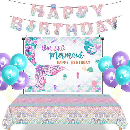 Little Mermaid Birthday Party Decorations Set Happy Birthday Banner Garland Latex Balloons Backdrop for Children Birthday Party