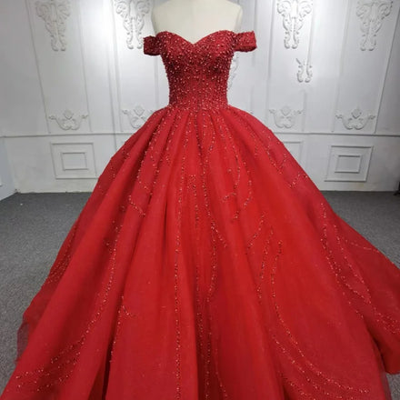 Jancember DY9971 Sweetheart Beading Off Shoulder Organza Red Evening Dresses 2022