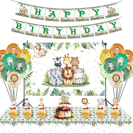 Jungle Animal Kids Birthday Party Tableware Set Includes Happy Birthdays Banner Cake Topper Latex Balloons Backdrop Decorations