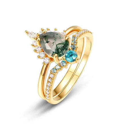 Teardrop Natural Moss Agate Bezel Setting Stackable Ring Set S925 Sterling Silver 14K Gold Plated Blue Topaz White Halo Ring
