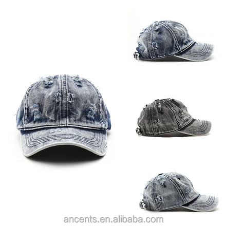 Custom Cap No Minimum Distressed Jean Denim Ripped Trucker Hat Ball Caps Custom logo
