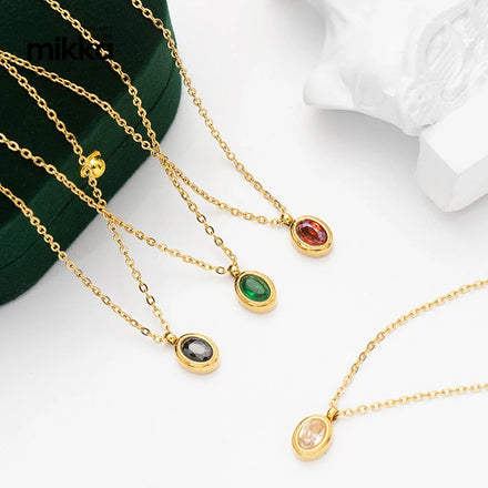 New Arrival Emerald Zircon Necklace Titanium Steel Oval Geometry Necklace Earring Sets Wholesale