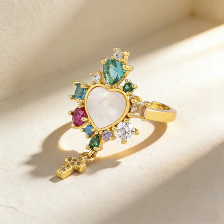 QIKU Punk Bohemia Colorful Rhinestone Heart Cross Opening Rings Adjustable Finger Aesthetic Jewelry Wedding Party Gift Accessory