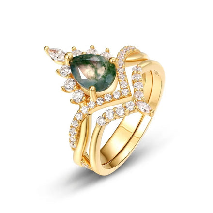 Luxurious Gold Plated Sterling Silver Bezel Setting Wedding Women's Ring with Geometric Natural Moss Agate Gemstone Ring