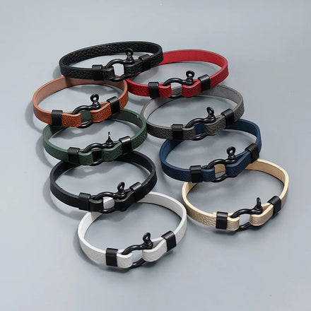 BINSHUO Vintage Outdoor Camping Survival Rope Alloy Horseshoe Buckle Pu Leather Couple Sports Bracelet for Women Men Pulseira