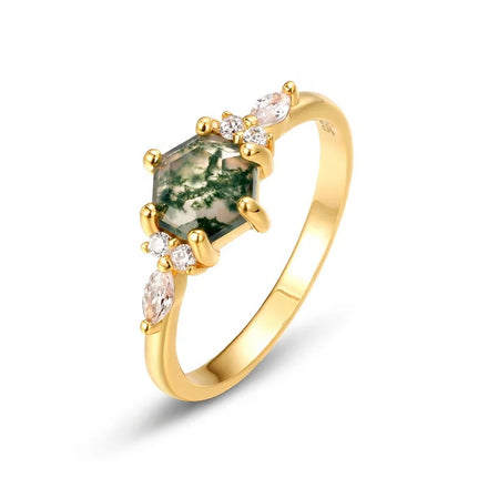 Dainty Delicate 925 Sterling Silver Zircon CZ Ring Gold Filled Rhombus Shaped Natural Moss Agate Gemstone Ring