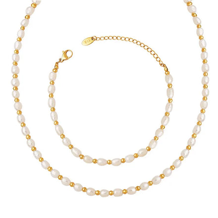 SP Tarnish Free Stainless Steel Beads Jewelry Freshwater Pearl Bead Chain Bracelet Necklace Set