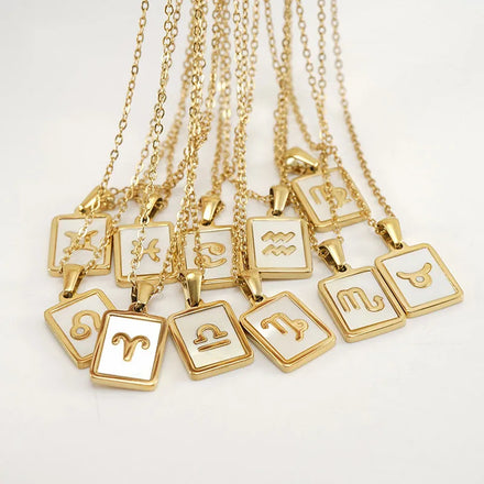 Women Accessories 12 Astrology Zodiac Signs Jewelry 18K Gold Plated Stainless Steel Square Pendant Shell Zodiac Necklace