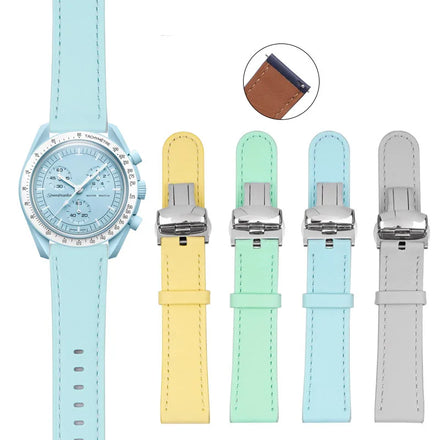 Colorful High End 20mm Top Grain Genuine Leather Watch Strap Butterfly Buckle Leather Watch Band for Moon Watch