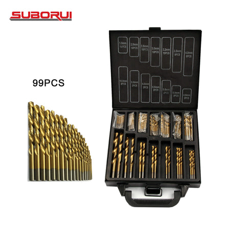 SUBORUI Hot Selling 99pcs HSS 1.5-10mm Titanium Coated 118 Degree Fully Ground ISO Certified Twist Drill Bits Set