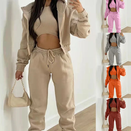 S-3XL Autumn and Winter New Women's Solid Simple Hooded Sweater Sports Casual Pants Three Piece Set