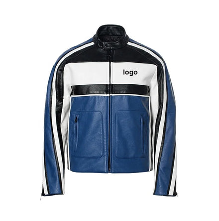 Custom Oem logo Design Blue Color Retro Classic Leather Motorcycle Patch Leather Racing Jacket for Men