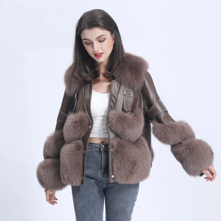 Fashion Plus Size Ladies Women Winter White Luxury Leather Real Natural Fox Fur Coat
