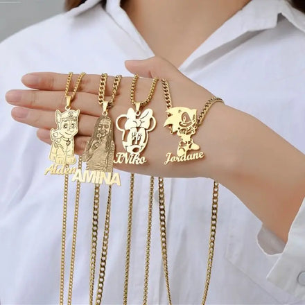 Custom Cartoon Character Necklace Kids Personalized Name Pendant Children Jewelry Plated Stainless Steel Necklaces