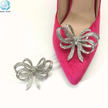 Fashionable Bowtie Silver Plated Crystal Shoes Buckles Women Shoes Decorative Detachable Rhinestone Shoes Clips for High Heels