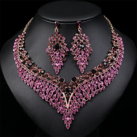 Wholesale Exaggerated Retro Design Banquet Dress Accessories Leaf Shape Rhinestone Necklace Earring Set