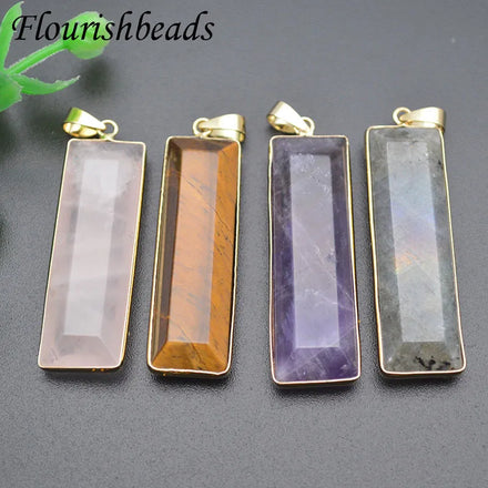 Gold Plated Natural Gemstone Tiger Eye Rose Quartz Amethyst Labradorite Rectangle Pendant for Women Men