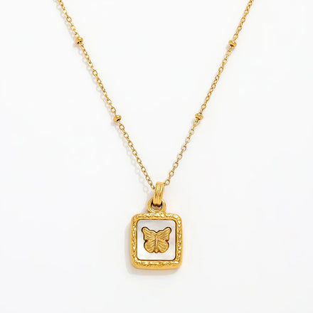 Fenny 18K Gold Plated Vintage White Shell Square Butterfly Pendant Necklace No Fade Stainless Steel Jewelry Wholesale